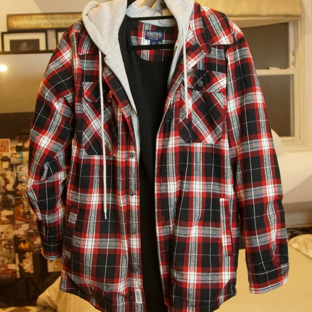 Red Sweatshirt & Flannel jaket.